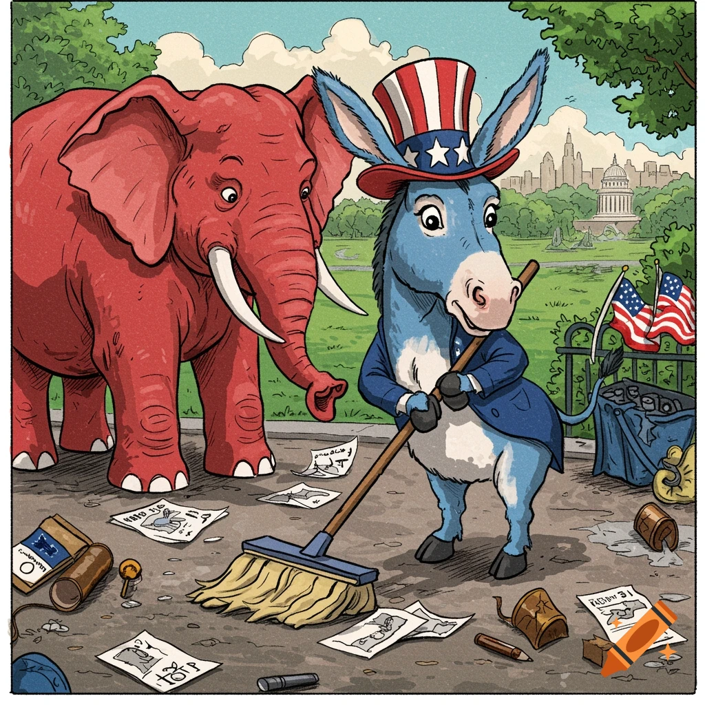 Cartoon of a blue donkey in a USA hat sweeping trash left by a red elephant in a park.