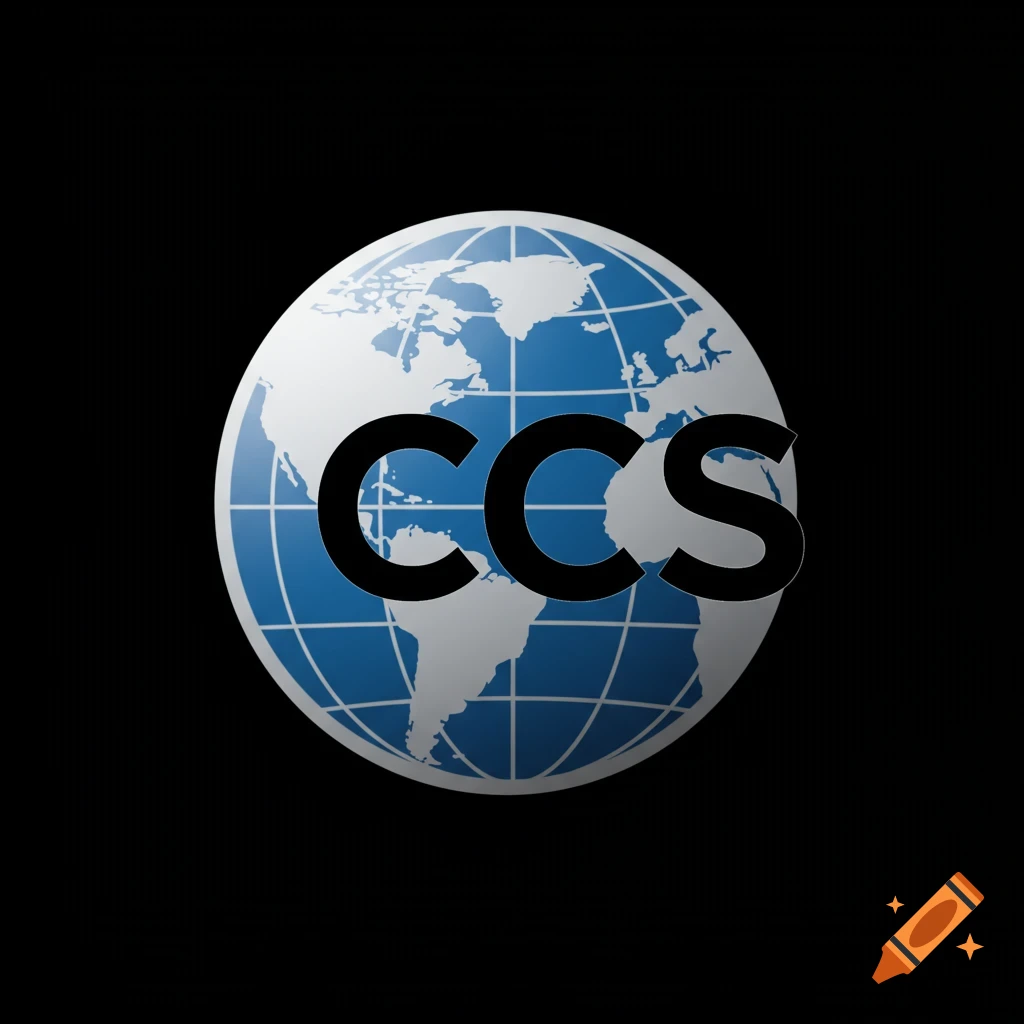 A globe with continents in white and blue oceans and grid lines, with the black text "CCS" overlaid on the front.