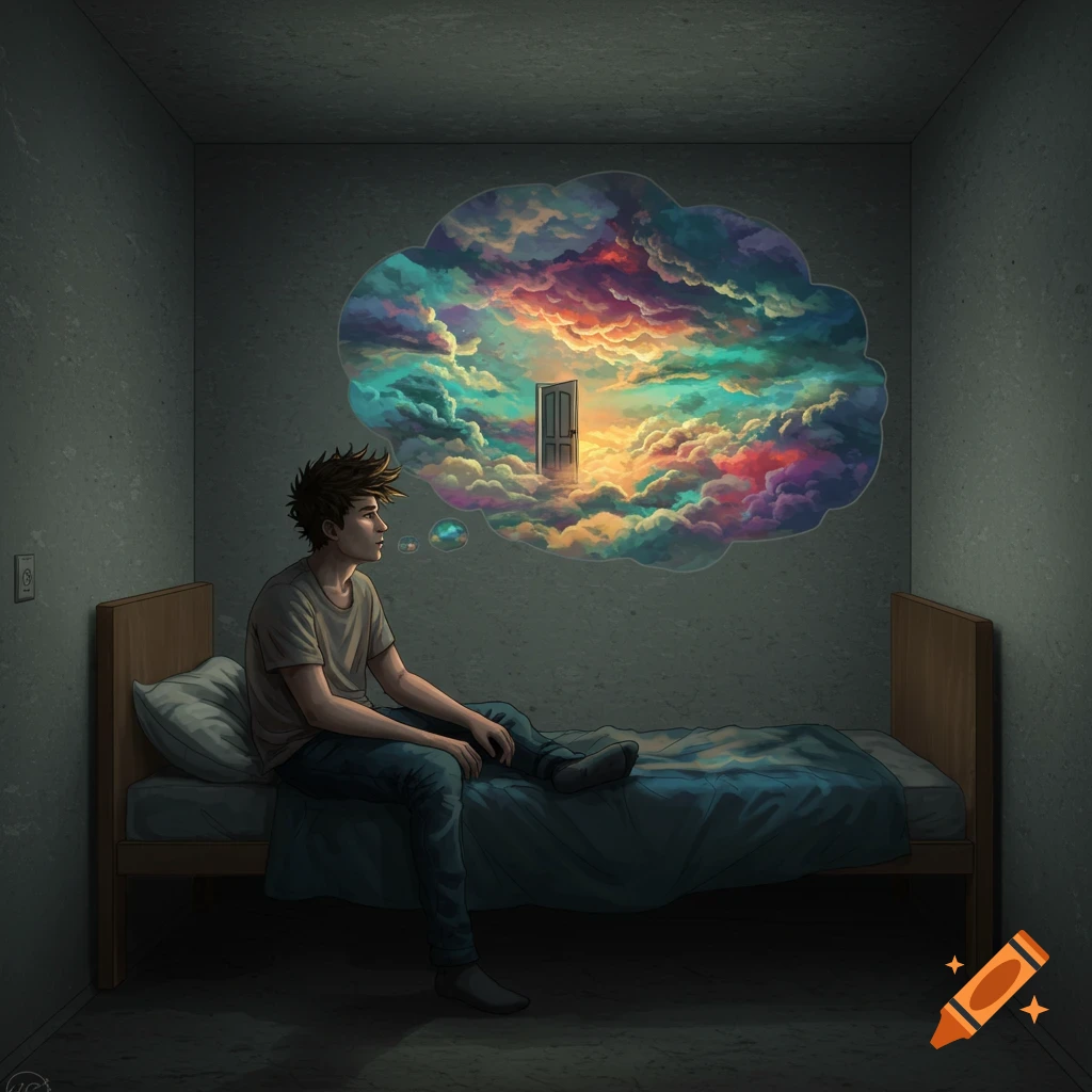 Illustrated person sits on a bed in a dark room, looking at a thought bubble showing a door in a vibrant cloudy sky.
