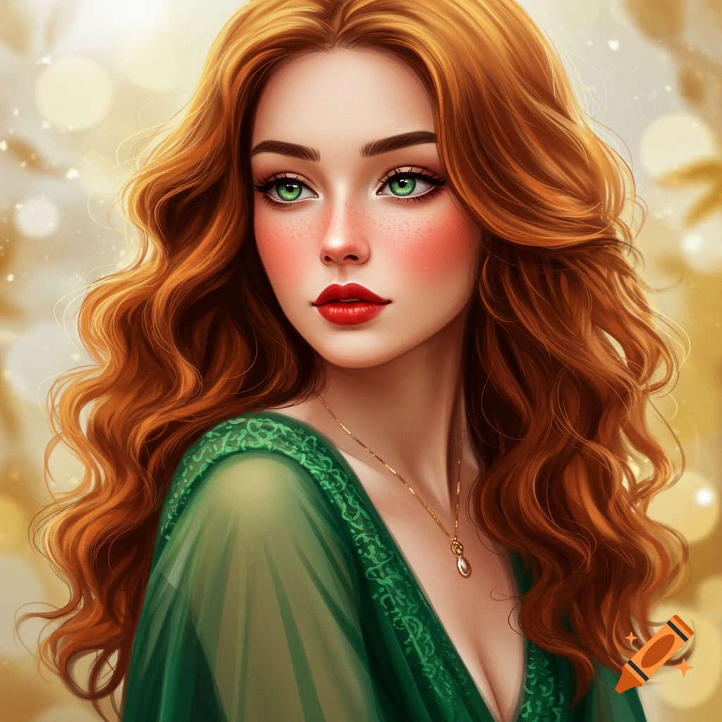 A woman with long red hair, green eyes, and a green dress.
