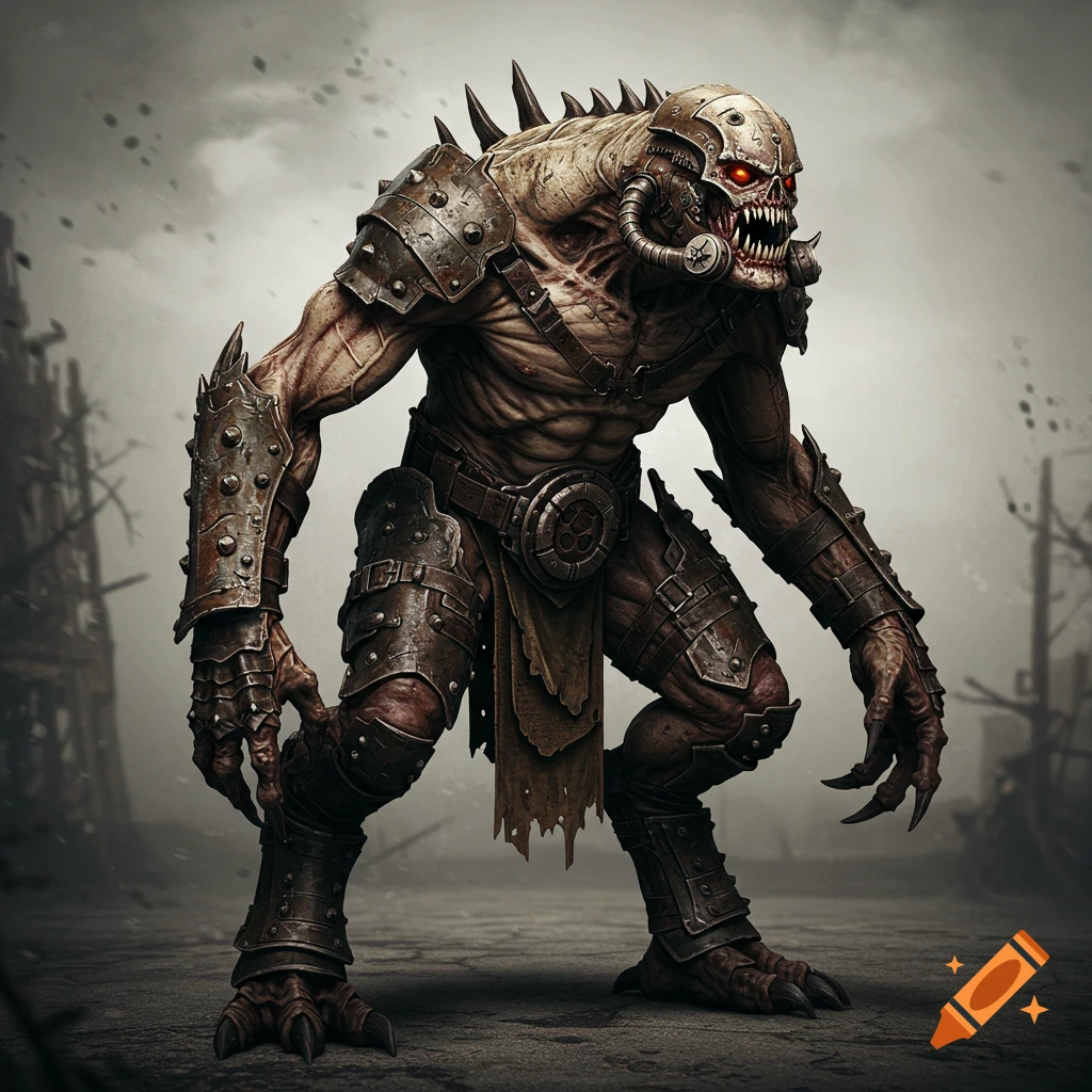 A fearsome post-apocalyptic monster creature wearing armor and spikes.