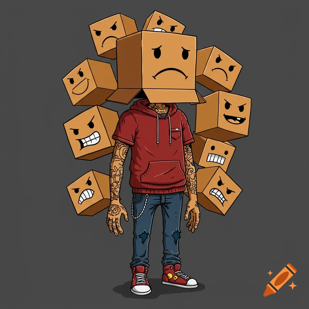 Cartoon illustration of a person with a sad box head, tattoos, grunge clothes, surrounded by boxes with faces.