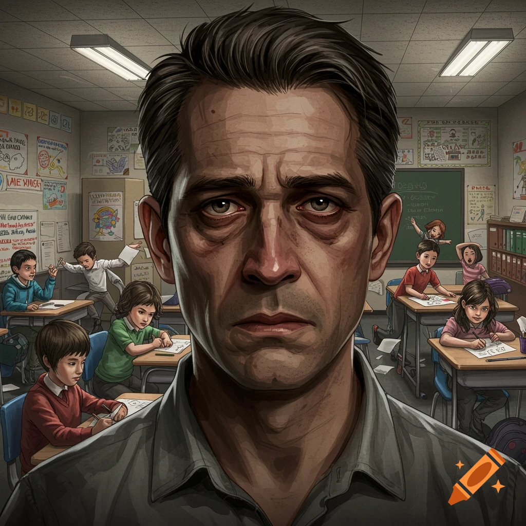Close-up illustration of a stressed teacher in a classroom with students working.