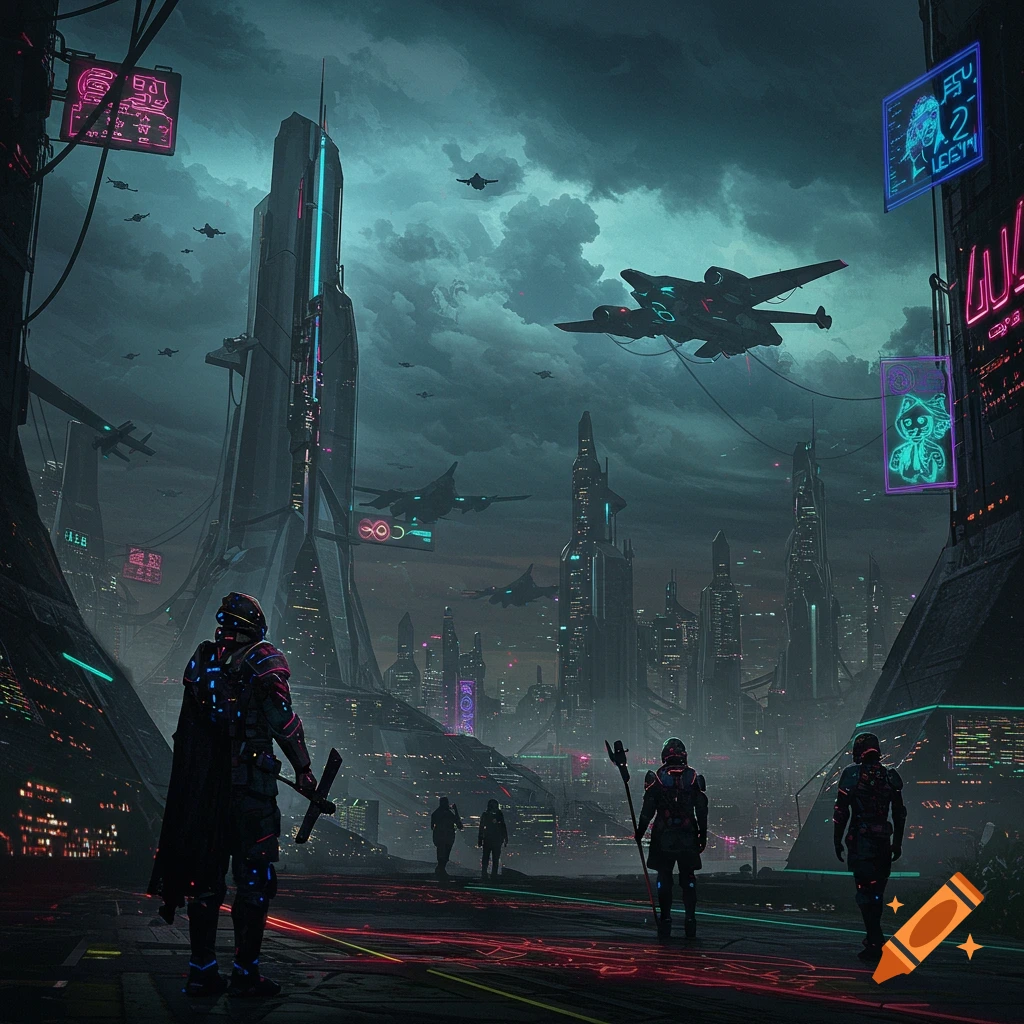 Dark futuristic cityscape with towering buildings, flying vehicles, and figures in tech suits on the ground.
