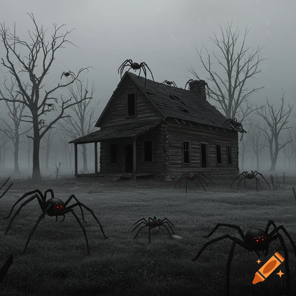 A scary log cabin stands in a foggy field with large black spiders scattered around it.