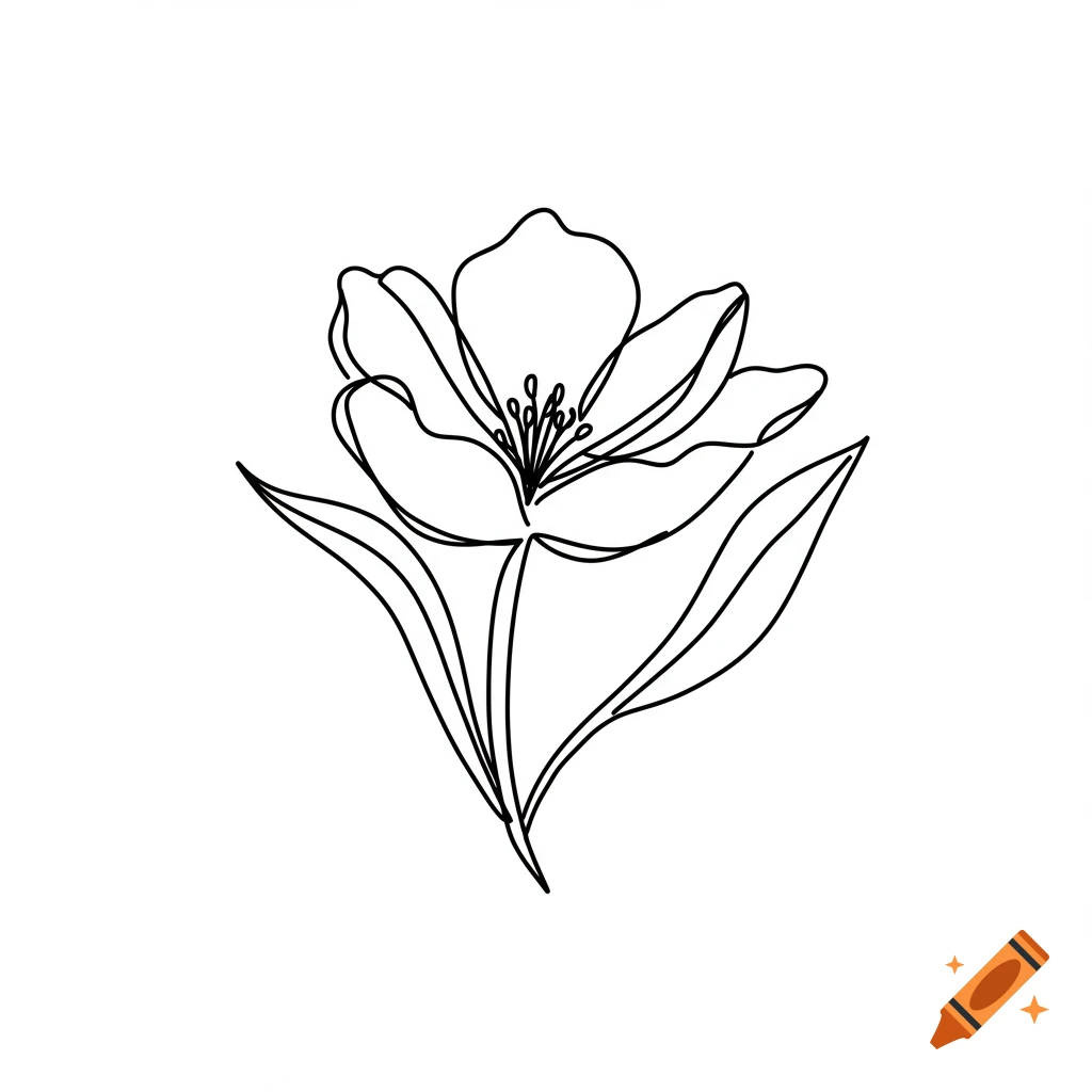 Single line black drawing of a tulip flower with leaves.