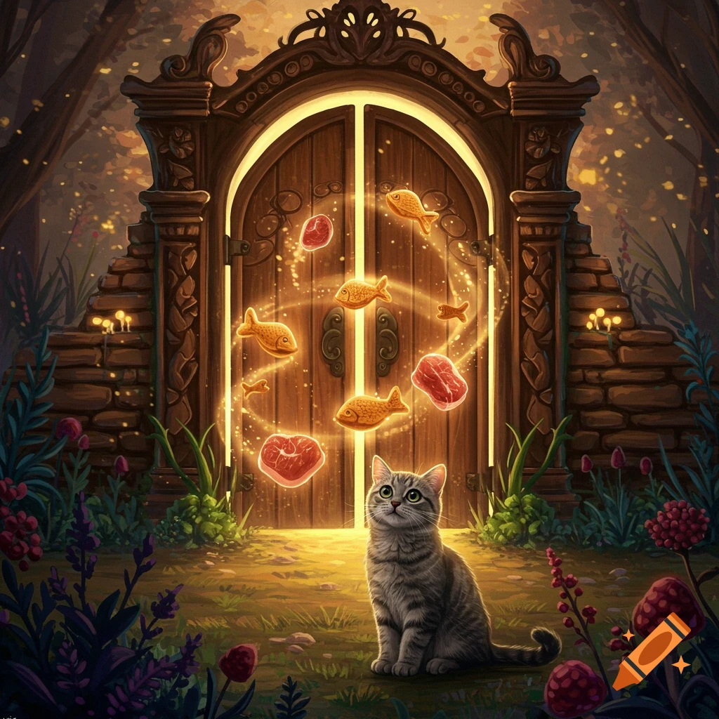 A grey tabby cat sits in front of a magical glowing gate in a forest with floating fish and meat treats.