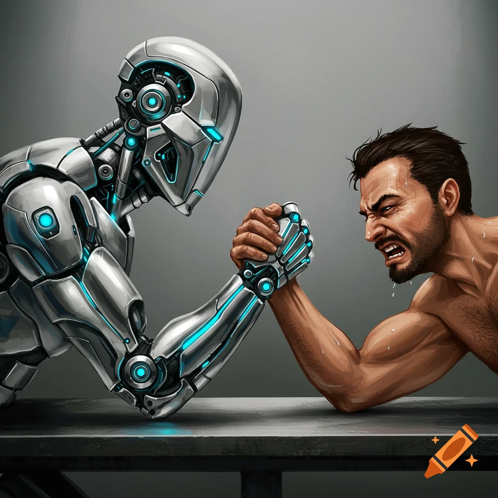 Robot and human arm wrestling in a digital illustration style.