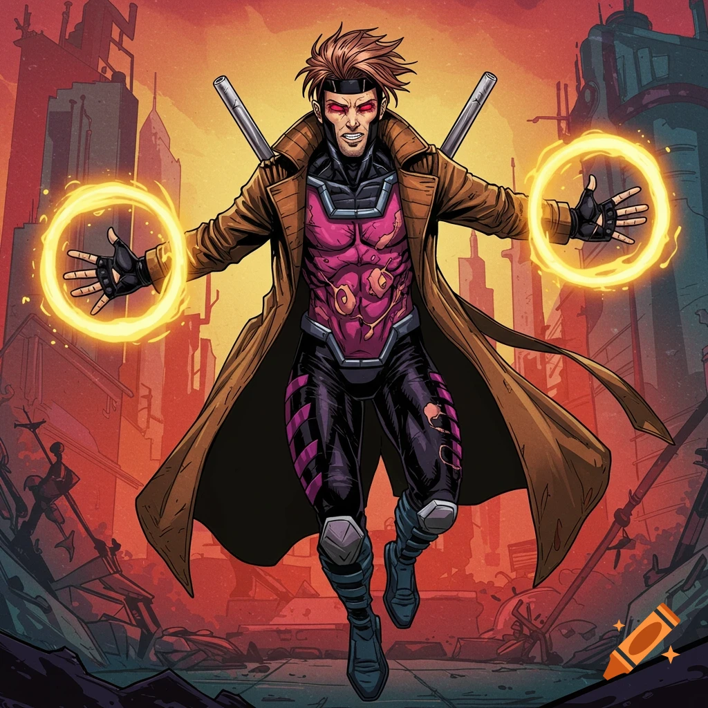 Comic style illustration of a character resembling Gambit with unusual body features, standing in a city with glowing energy rings.