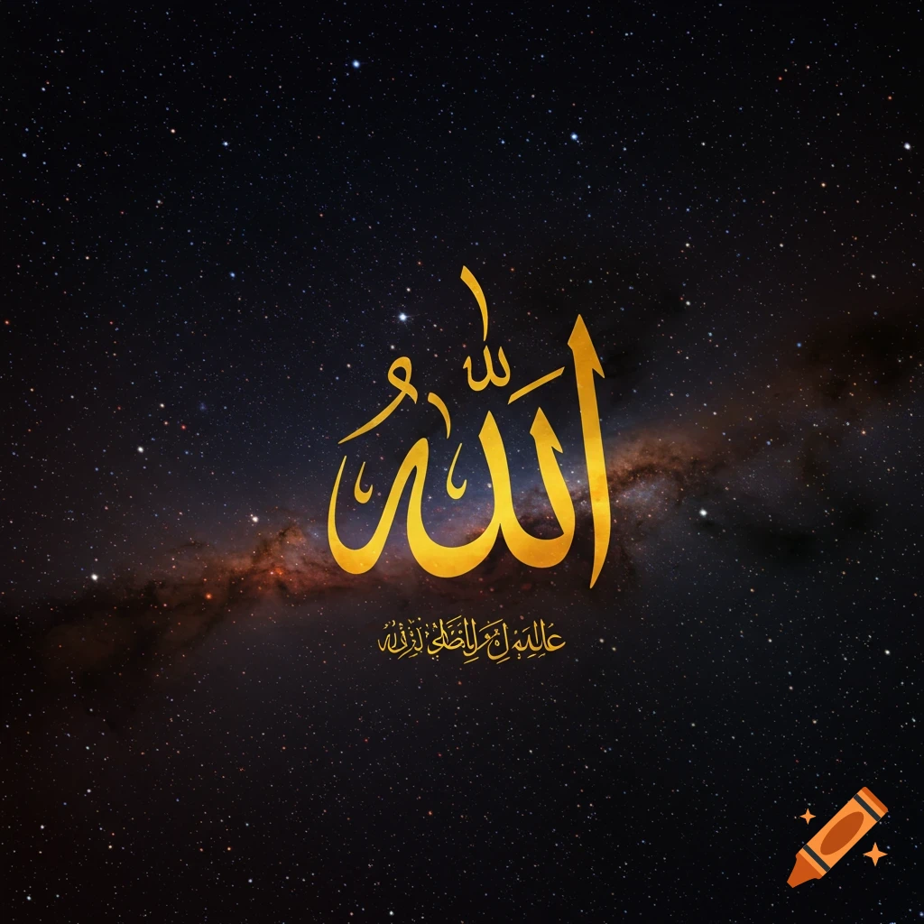 Golden Arabic calligraphy for Allah against a starry space background.