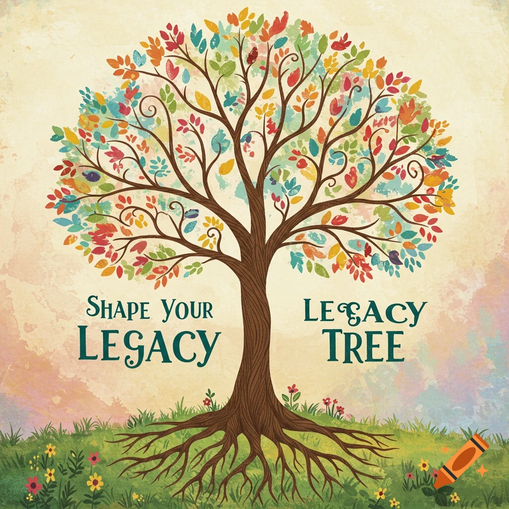 Colorful illustrated tree with roots in a field with flowers, with text 'Shape Your Legacy Legacy Tree'