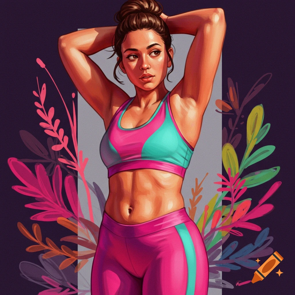 Illustration of a fit woman in sports bra and leggings posing with hands behind head, floral background.