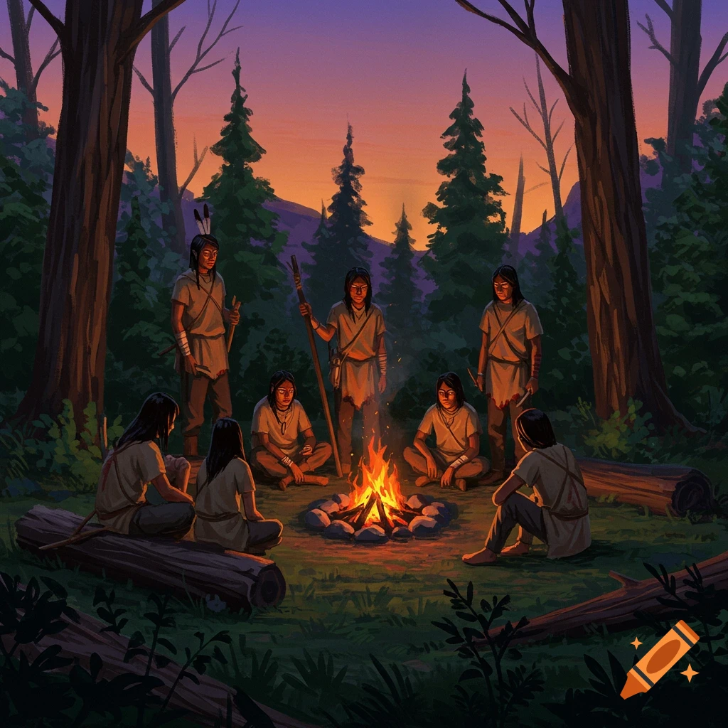 Illustration of indigenous people gathered around a campfire in a forest at sunset.