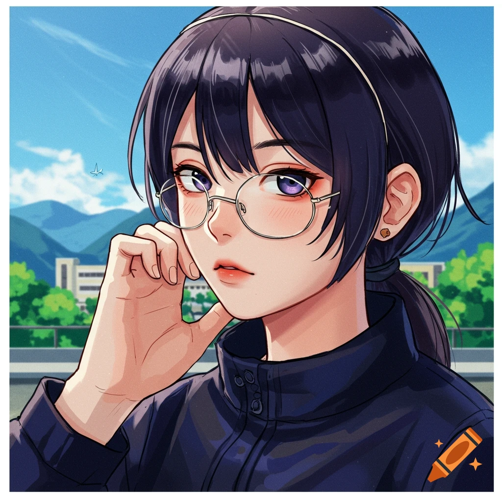 Anime portrait of a young woman with glasses.