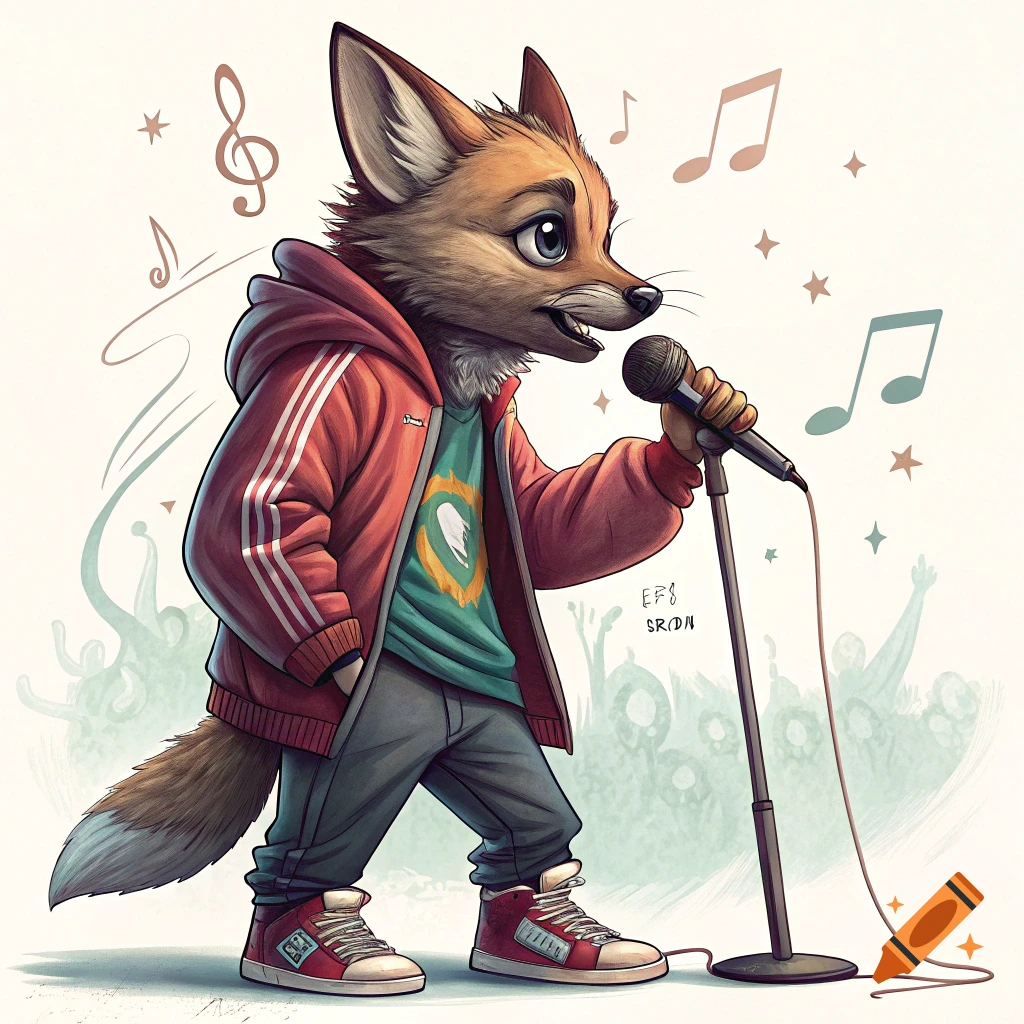 Cartoon fox singing into a microphone on stage.