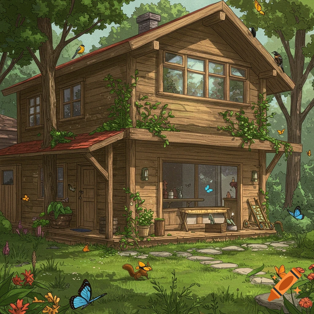Illustrative wooden cabin in a forest clearing with animals and butterflies.