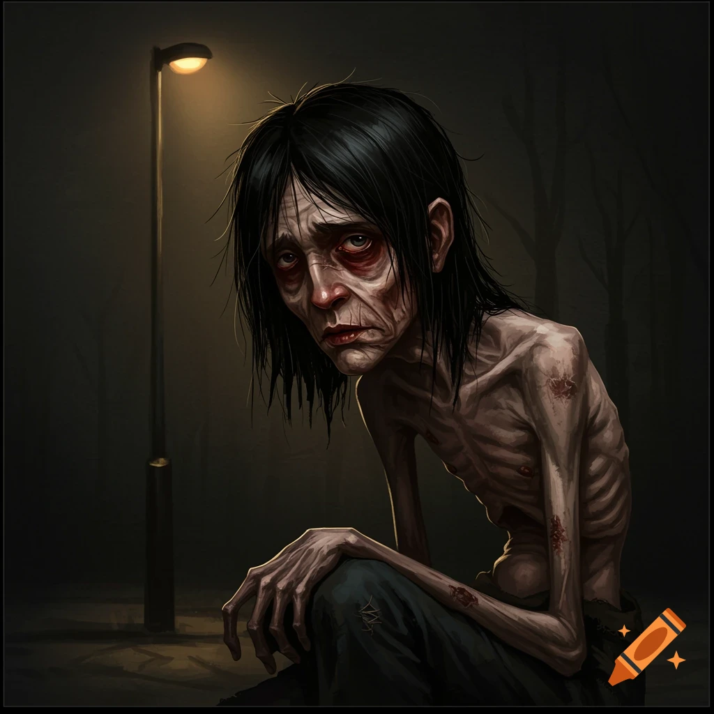 Illustration of an emaciated, distressed figure under a street light in a dark, urban setting.