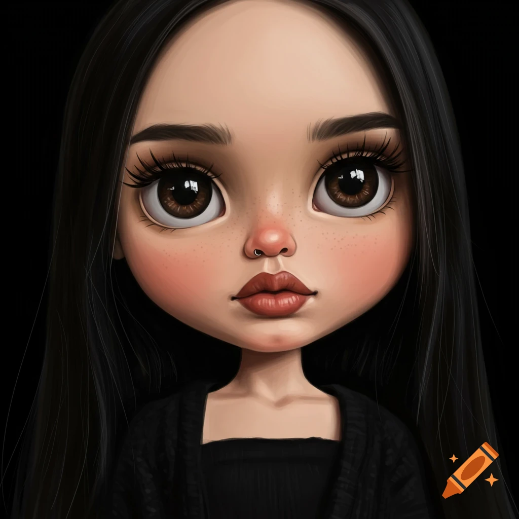 A doll-like portrait of a girl with long black hair, big brown eyes, full dark lips, and blush cheeks, wearing a black top.