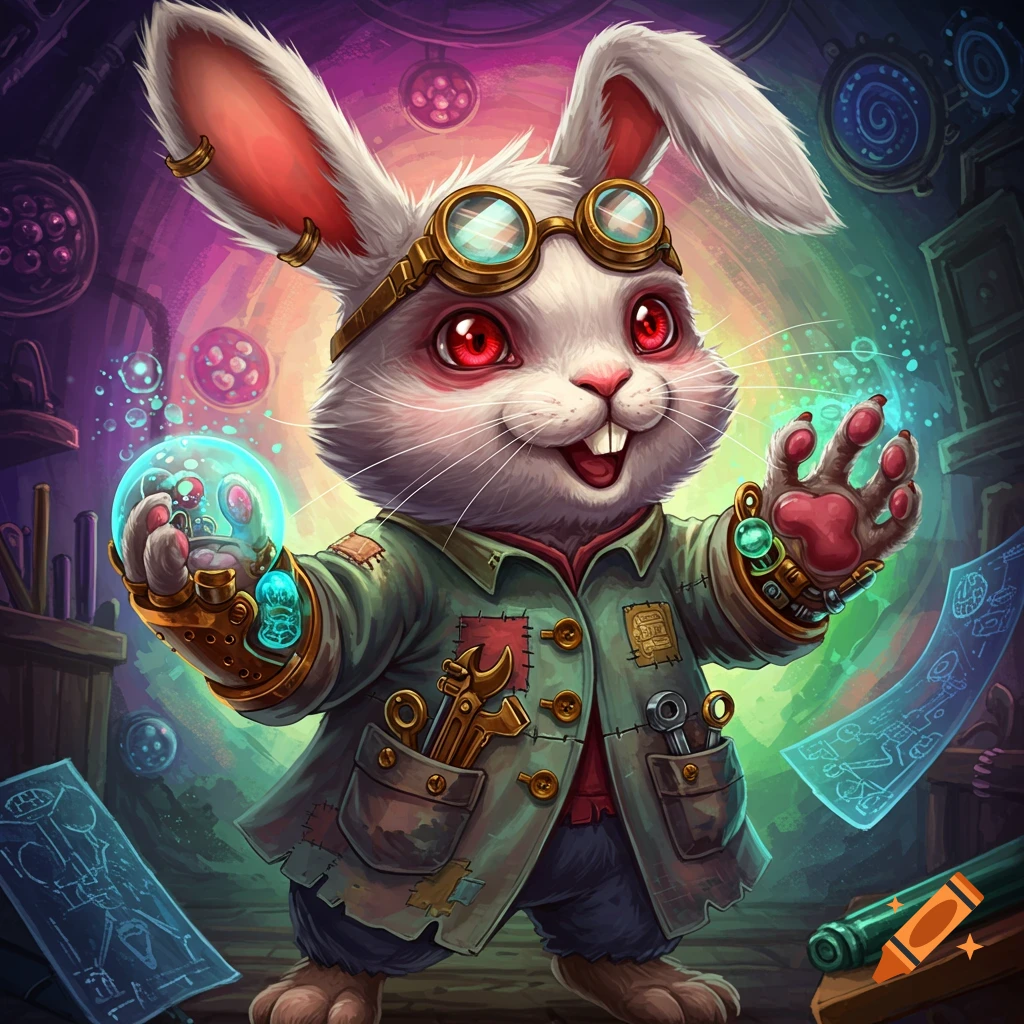 Cute rabbit artificer in a lab holding a glowing orb