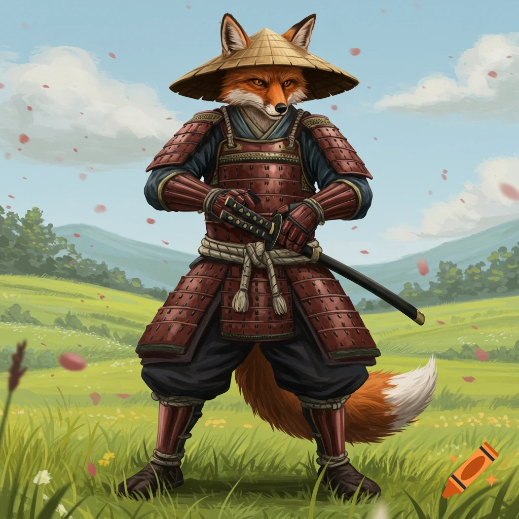 A fox wearing samurai armor and a straw hat stands in a grassy field.