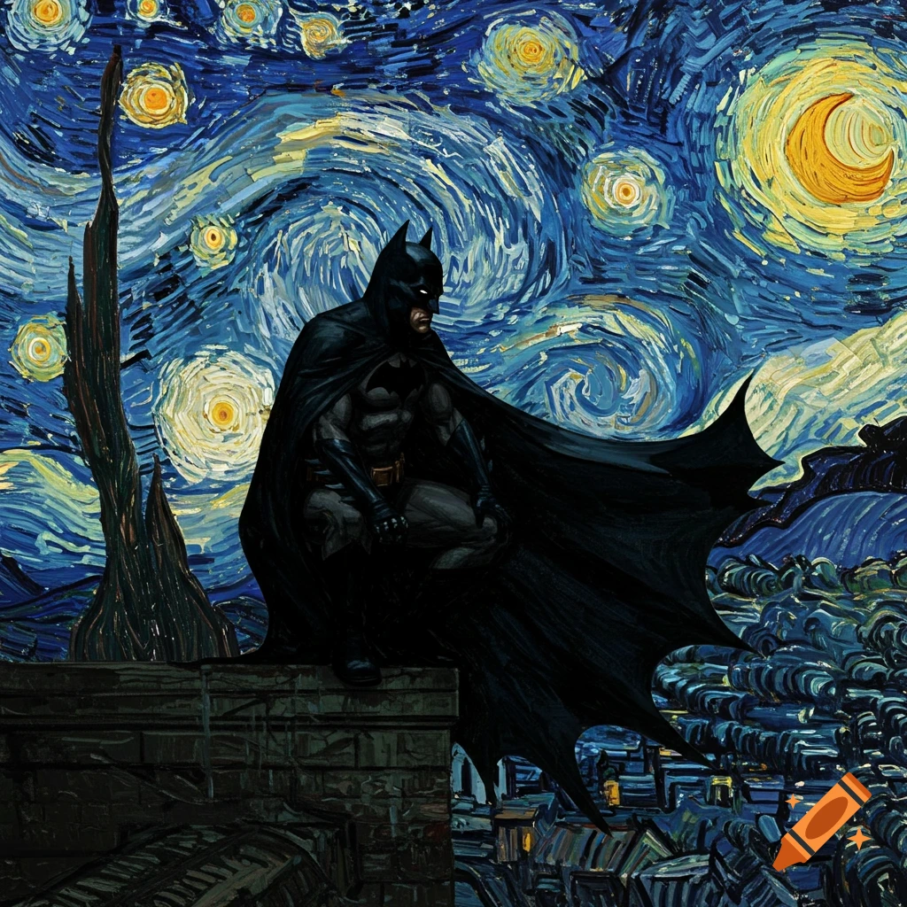Batman perched on a ledge beneath a swirling, starry sky in the style of Van Gogh's Starry Night.