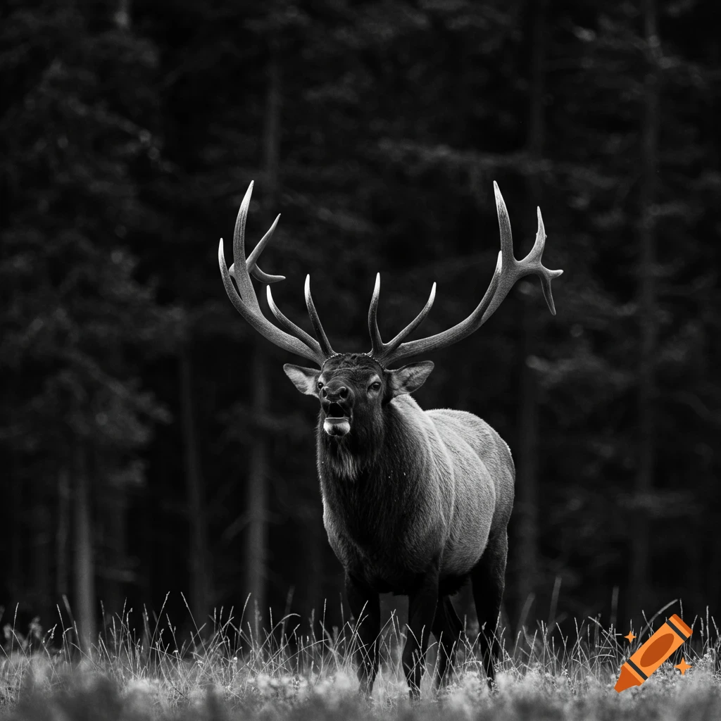 Black and white photograph of a bugling bull elk standing in front of trees.