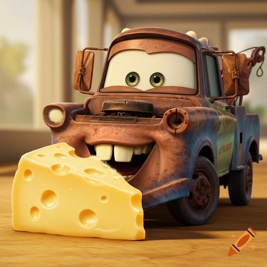 Realistic rendering of Mater from Cars eating a large piece of cheese.