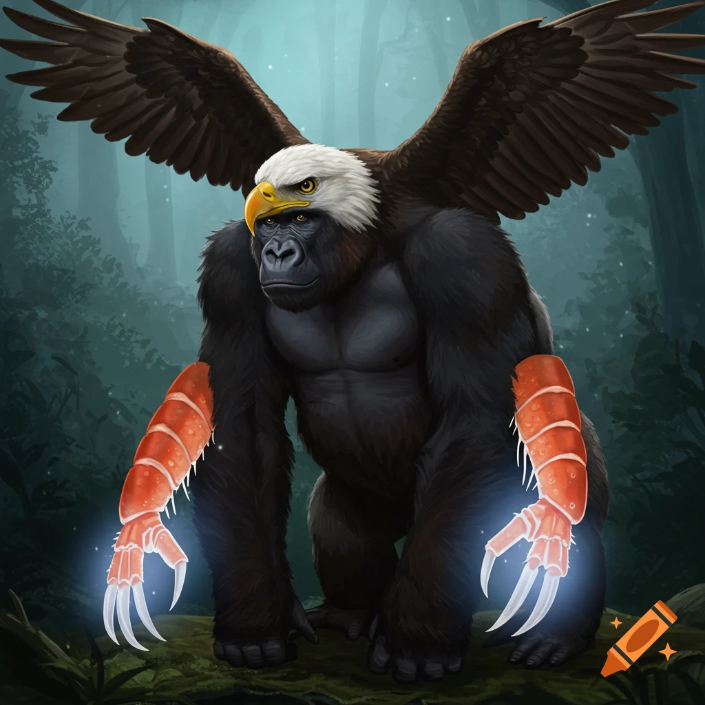 A fantasy creature with a gorilla body, eagle head and wings, and glowing shrimp claws stands in a forest.