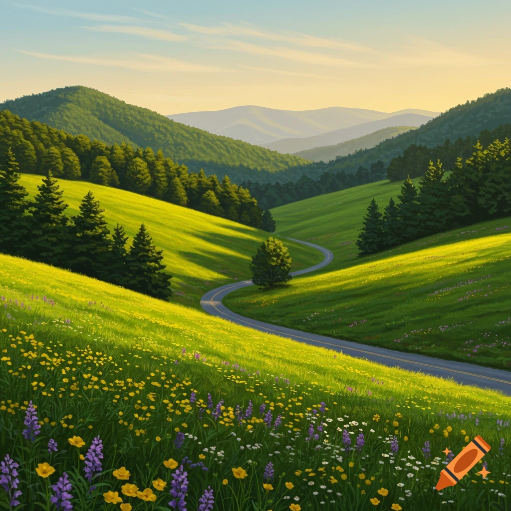 A winding road through green hills covered in wildflowers, with trees and distant mountains under a bright sky.