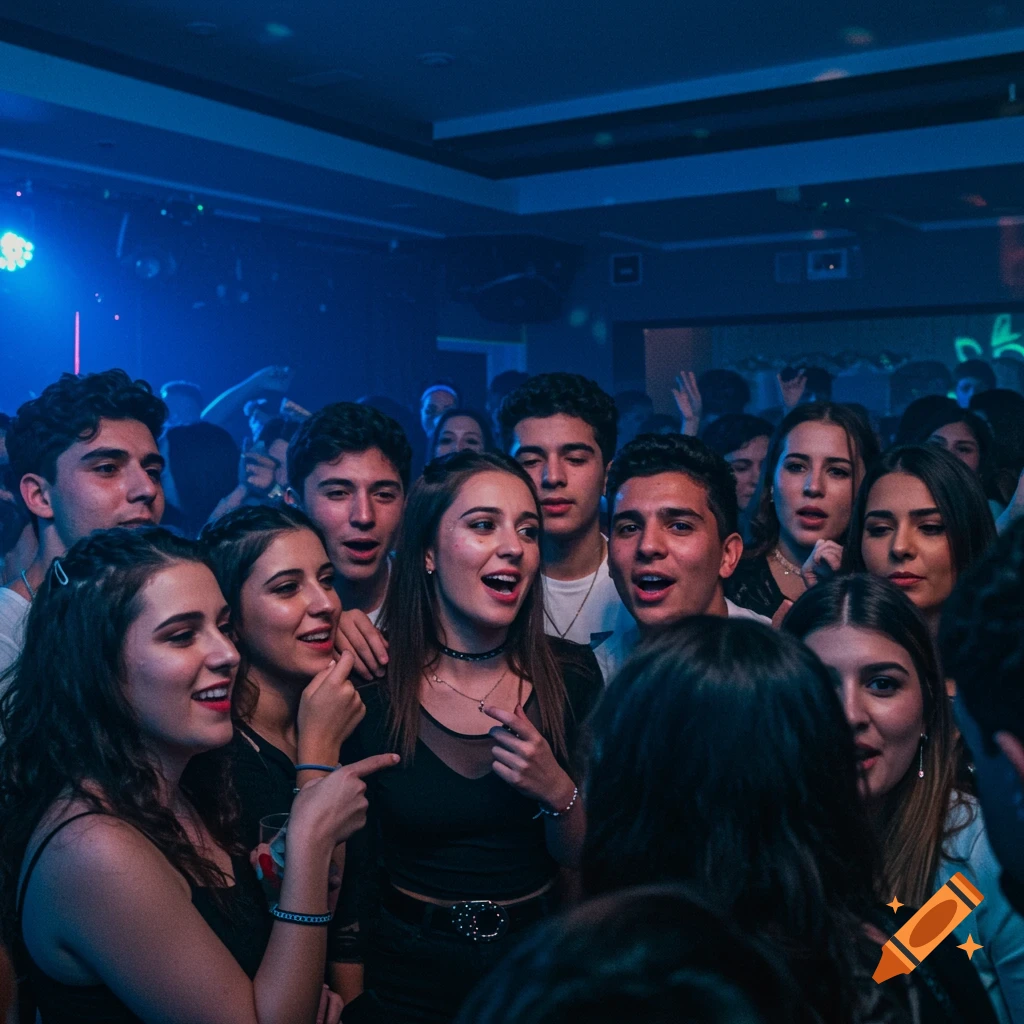 A crowd of young people are packed together under blue lighting at a party or club.