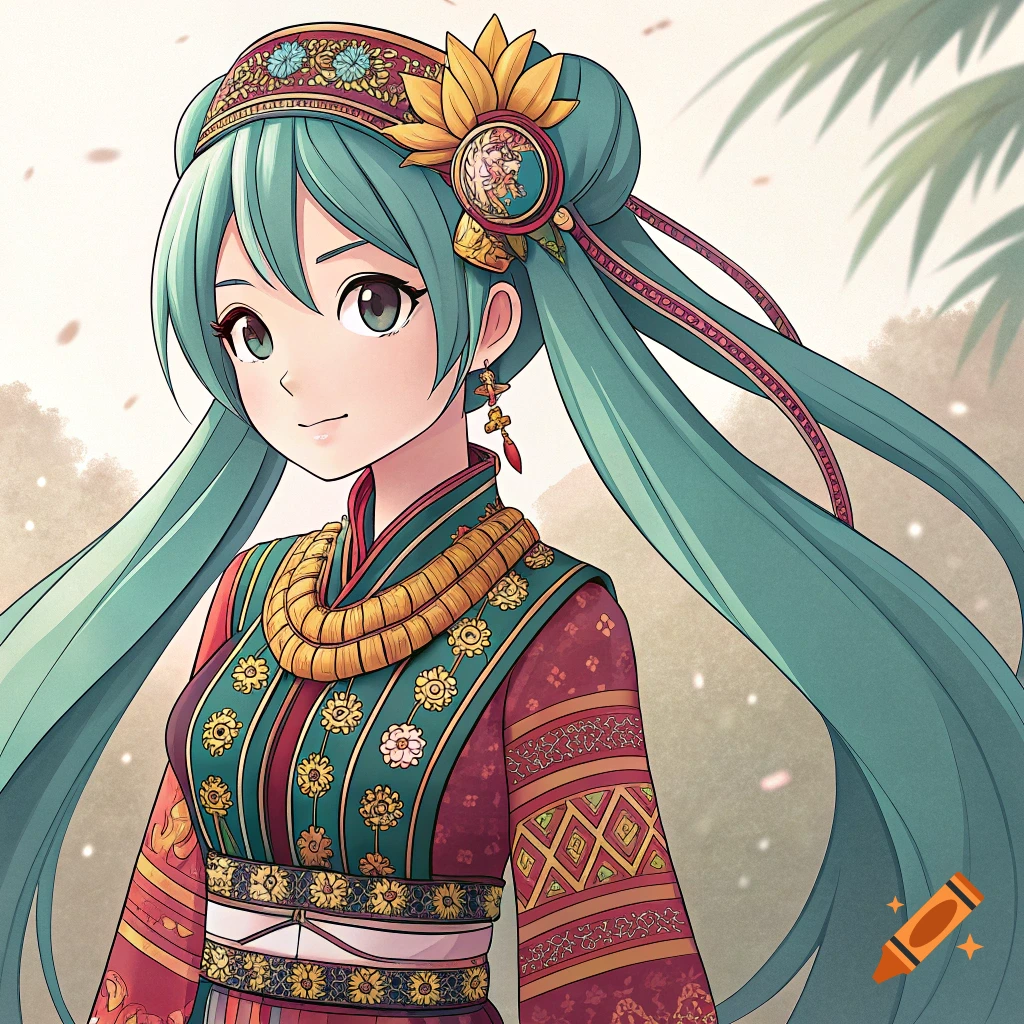 Anime portrait of Hatsune Miku wearing a colorful traditional dress and headpiece.