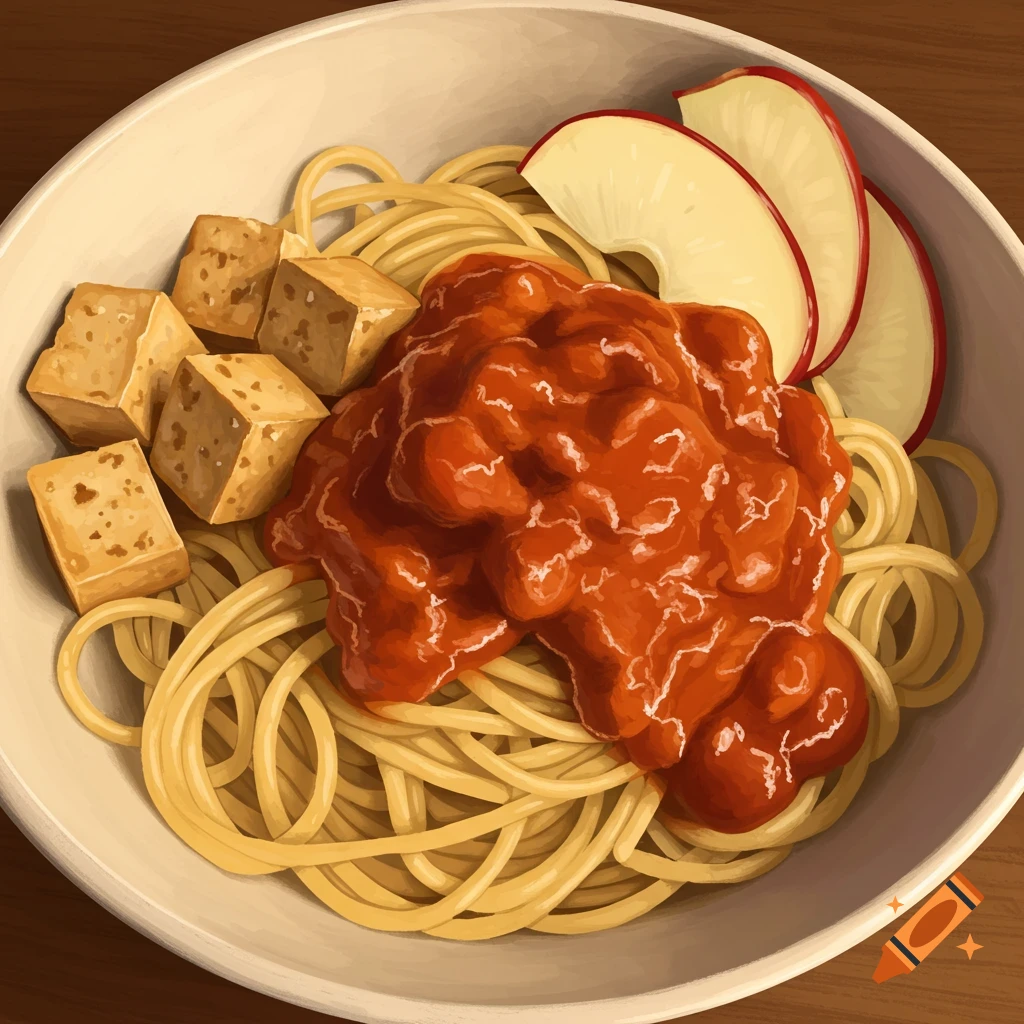 Spaghetti with marinara sauce, tofu cubes, and sliced apples in a bowl.