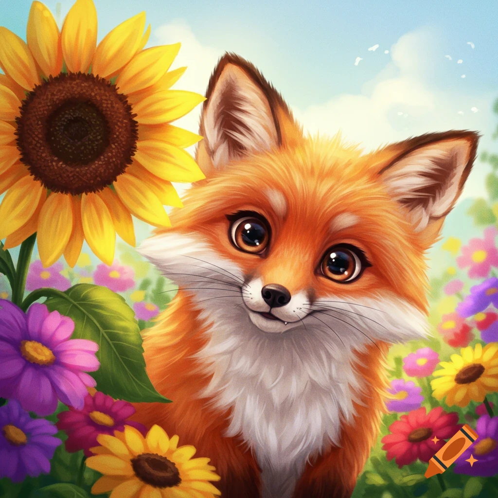 A cute, fluffy fox looks out from a field of colorful flowers and a large sunflower.