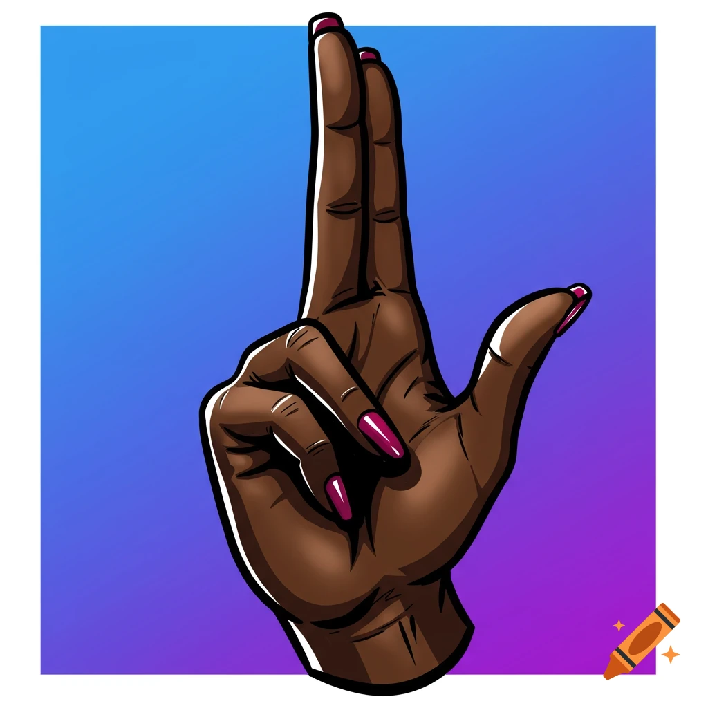 A stylized illustration of a hand with dark skin and pink nail polish holding up two fingers in a stop gesture.