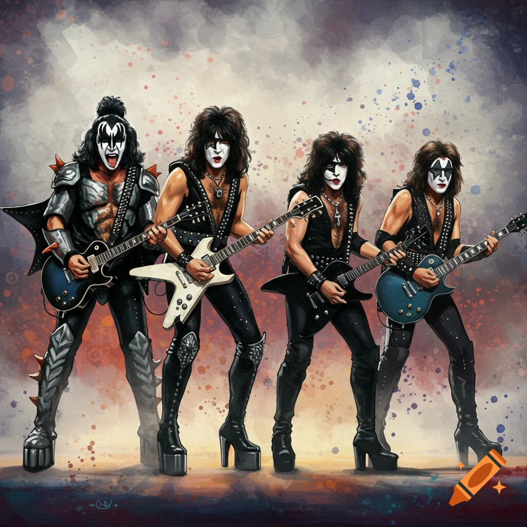Four figures resembling the rock band KISS in costume and makeup play guitars in a painted style.