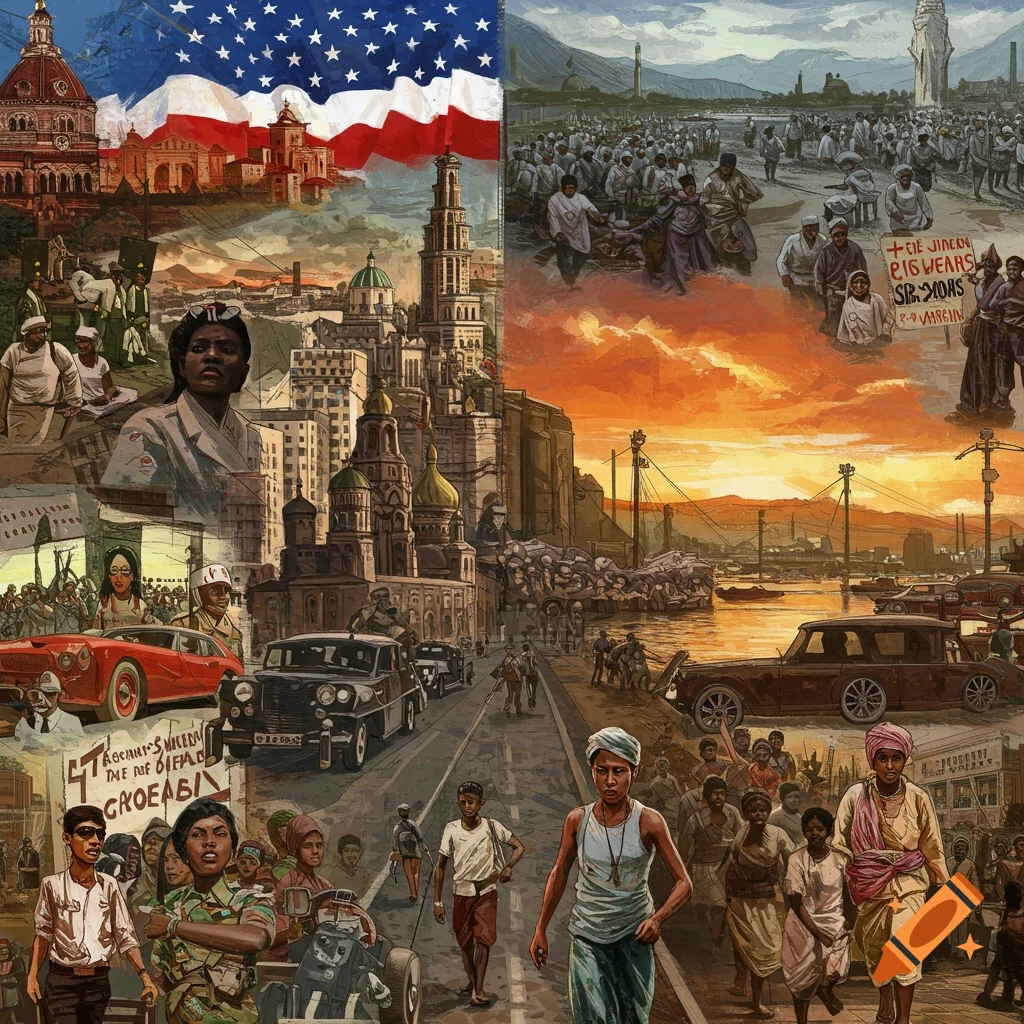 Historical collage depicting scenes related to the Cold War and decolonization, showing architecture, people, cars, and an American flag.