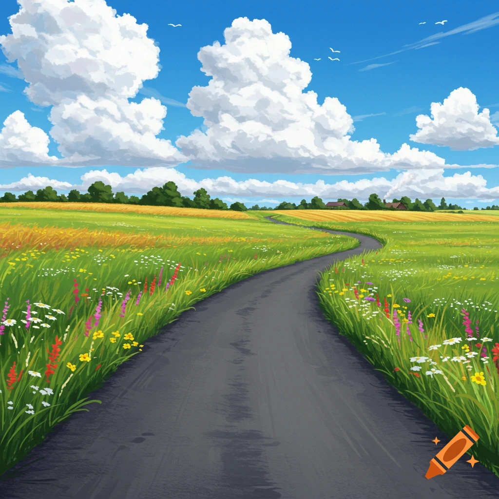 A winding country road goes through green and yellow fields with wildflowers under a blue sky with large clouds.