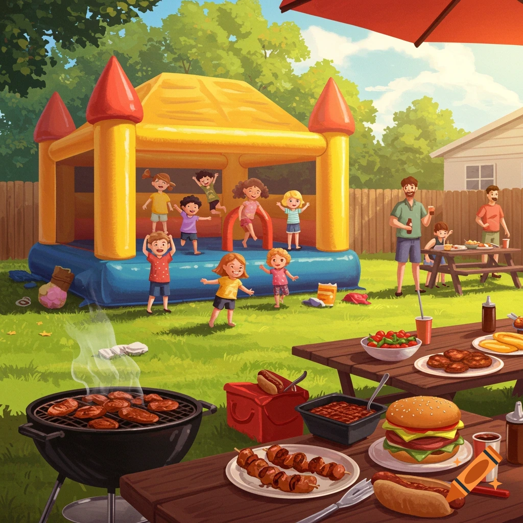 Illustration of a backyard party with children playing in a bounce house and adults gathered around a grill and picnic table.