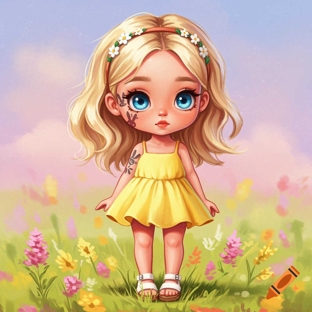Stylized illustration of a cute blonde girl with bunny tattoos in a field of wildflowers.