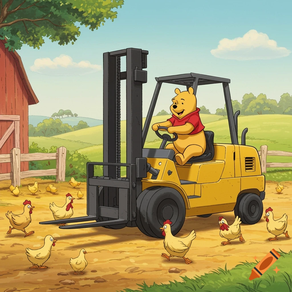 Winnie the Pooh drives a forklift on a farm surrounded by chickens in a cartoon style.