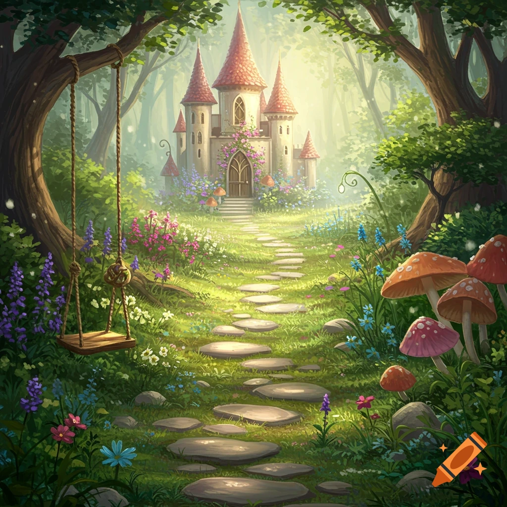 A path of stepping stones leads through a lush, enchanted forest towards a fairy tale castle with red roofs, with a wooden swing on the left and large mushrooms on the right.
