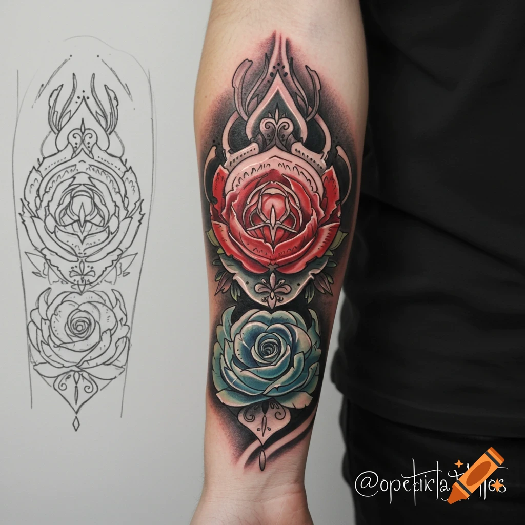 A tattoo on a forearm featuring red and blue roses with ornamental framing, next to a sketch of the design.