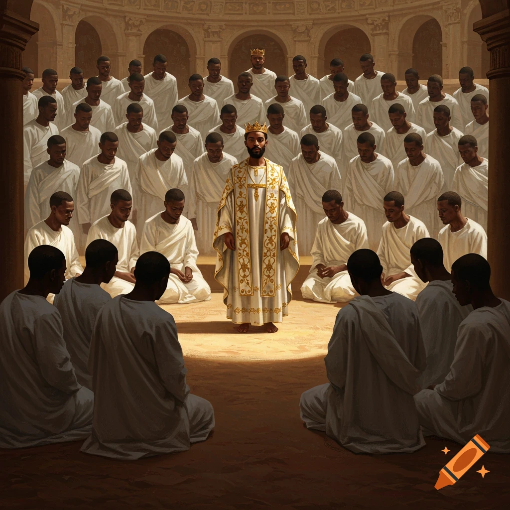 A man in a white and gold robe stands before a large group of men in white robes seated in a hall.