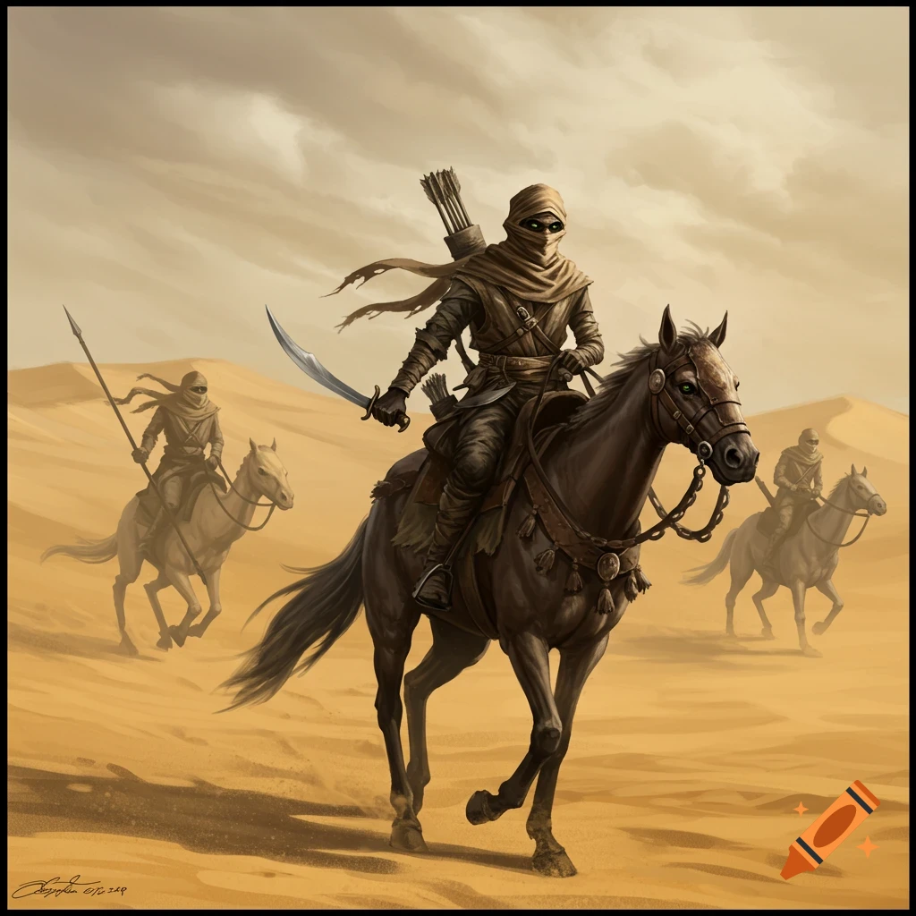 Masked warriors on horseback riding through a desert. on Craiyon