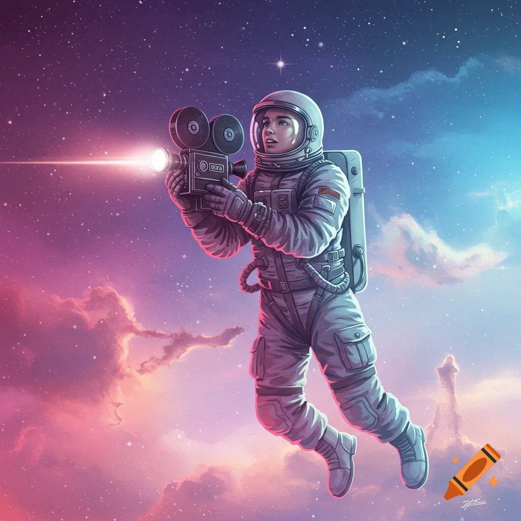 Astronaut floats in colorful space holding a vintage movie camera.