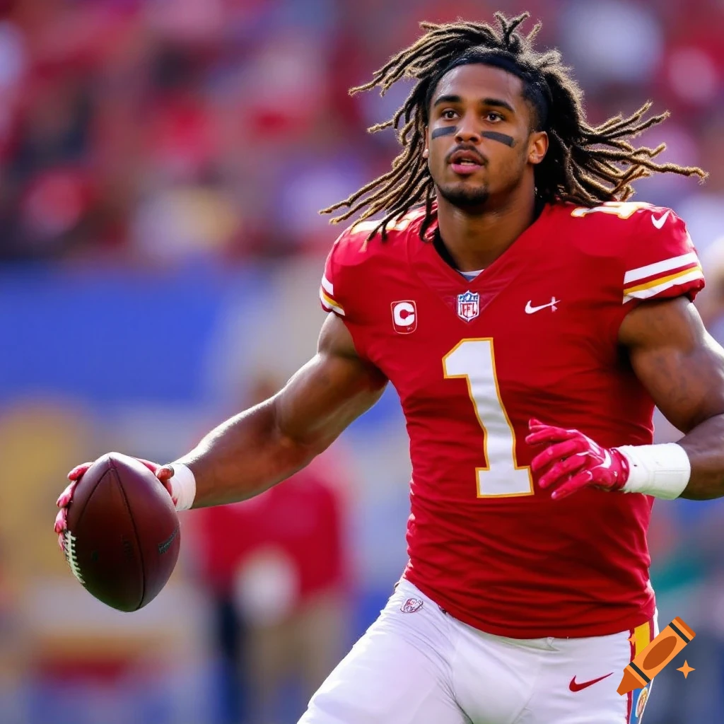 Football player in red number 1 jersey holding a football on the field