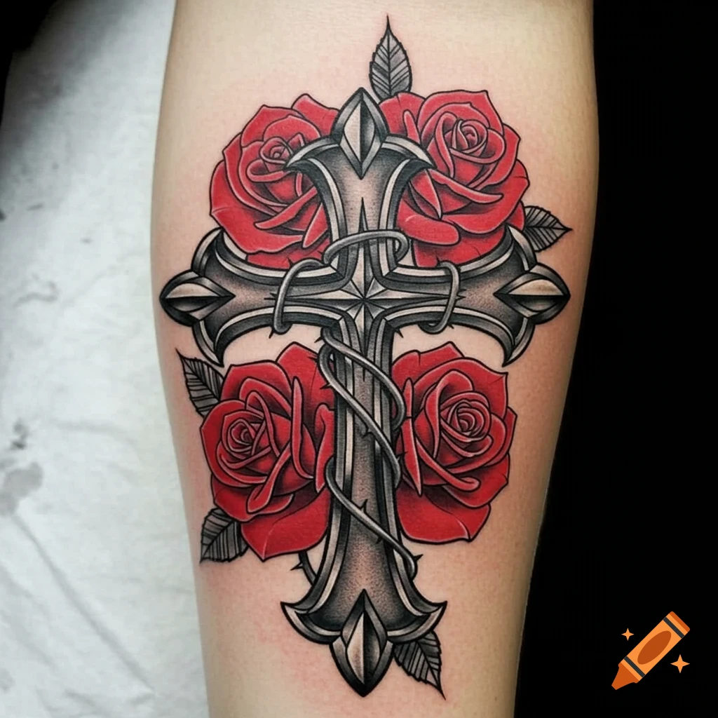 Neo-traditional tattoo design of a cross with red roses on skin.