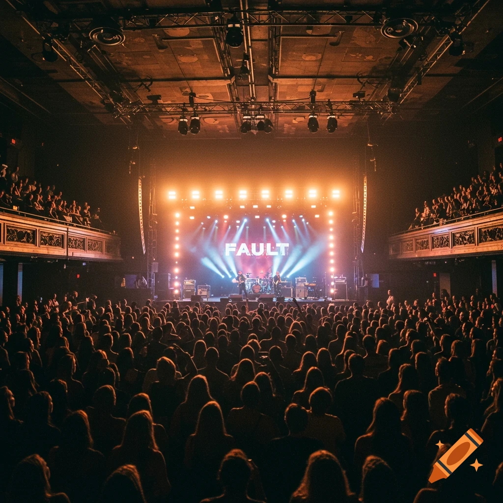 Photorealistic image of band 'Fault' performing on stage for a sold-out crowd in a dark concert hall