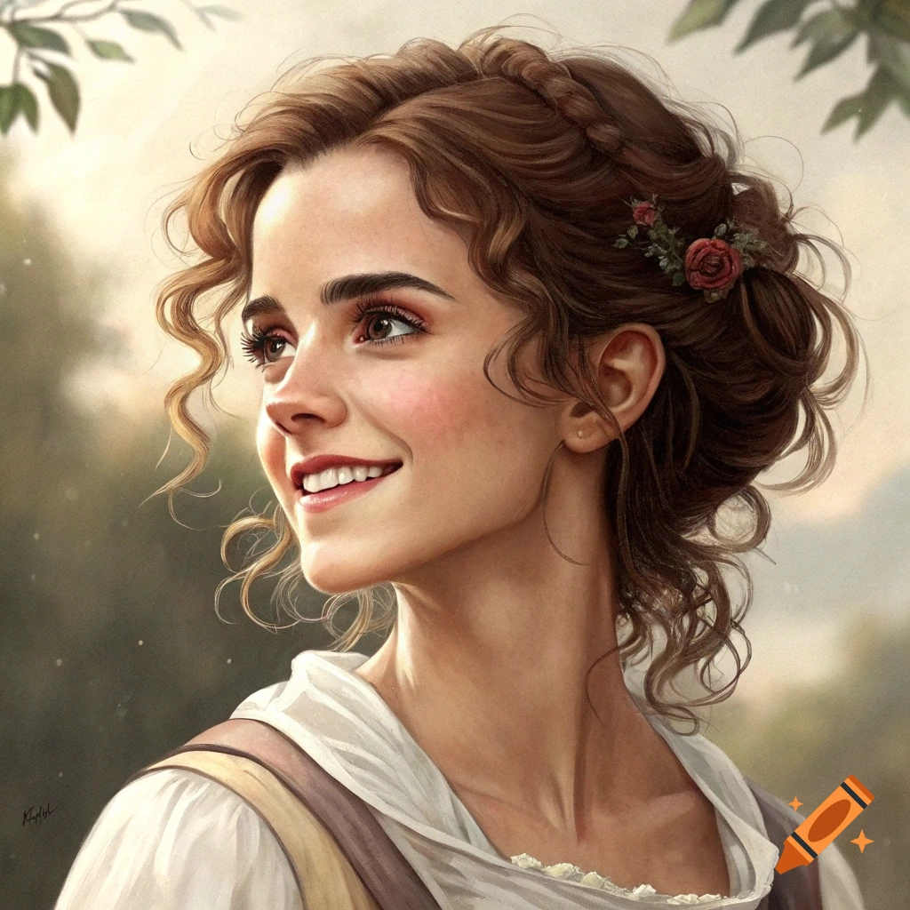 An illustration of a smiling woman with brown curly hair wearing historical-style clothing.