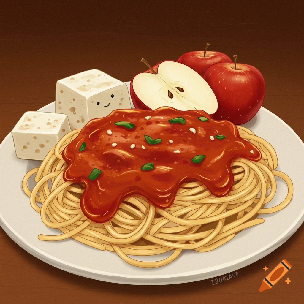 An illustration of spaghetti with marinara sauce, tofu blocks (one with a cartoon face), and red apples on a plate.